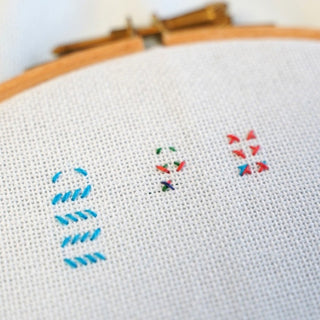 Fractional stitches on evenweave fabric in embroidery hoop