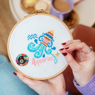 Stellar Signs aquarius cross stitch pattern in hoop, with Zodiac needle minder attached to the fabric.