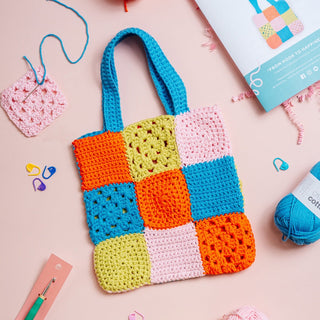 Crochet granny square style multi-coloured tote bag