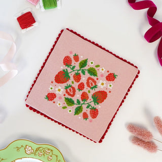 Strawberry Fields strawberry design free cross stitch pattern on pink fabric