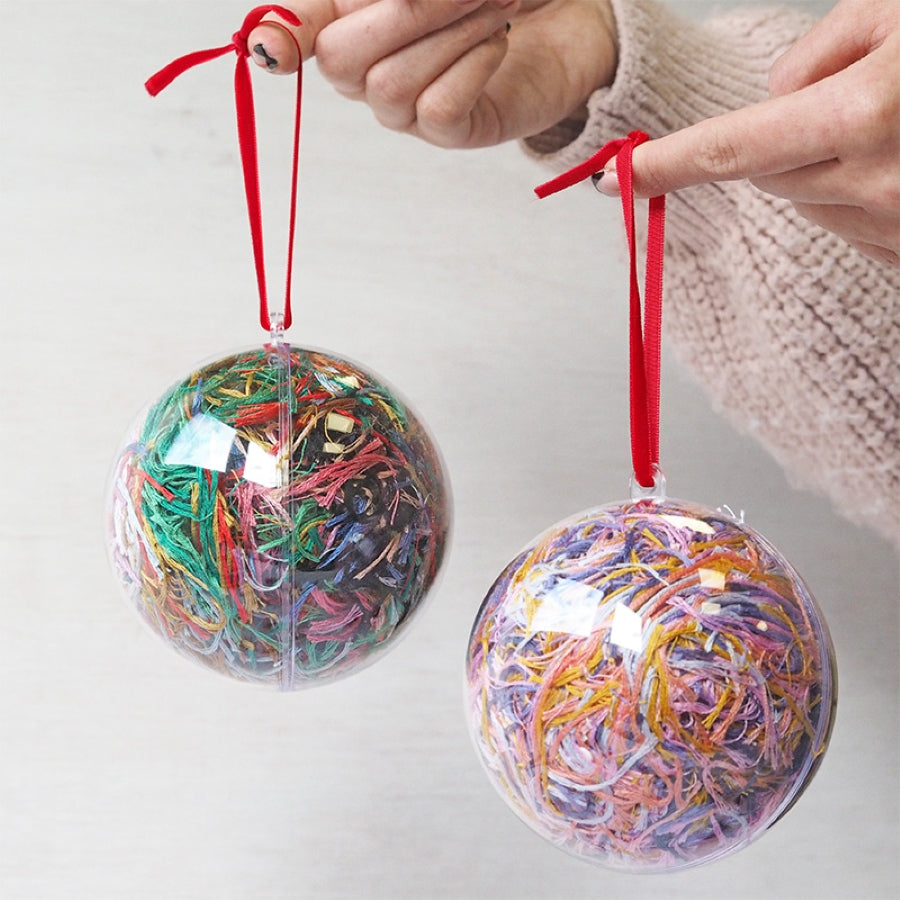 Christmas baubles made with leftover thread (ORTs)