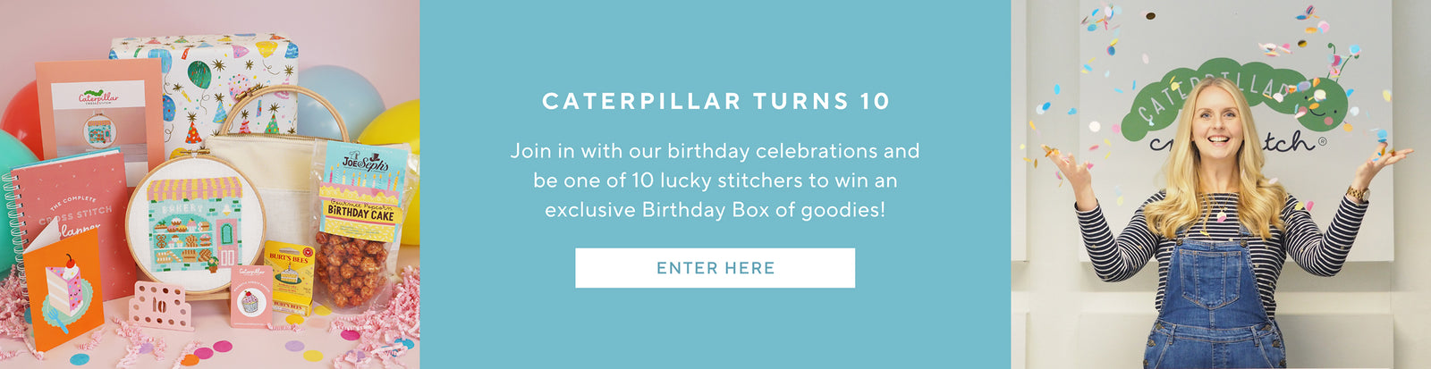 Promotional banner for Caterpillar's 10th birthday celebration with a woman in a denim dress and a child in a pink outfit.