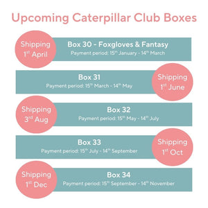 Upcoming Caterpillar Club Boxes schedule with shipping dates and payment periods