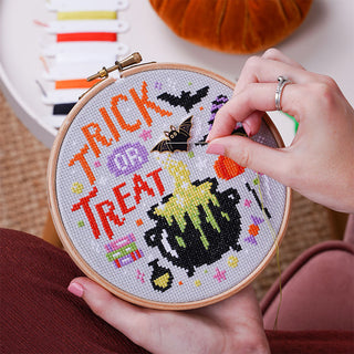 Trick or Treat Cross Stitch Kit Stitched Sample and Bat Needle Minder