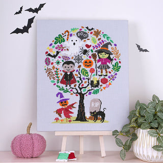 Hello-ween cross stitch pattern lifestyle setting on stand