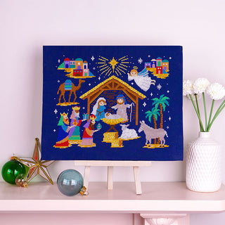 Silent Night Nativity Cross Stitch Kit Stitched Sample Lifestyle shot