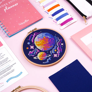 Out of this World Cross Stitch Kit - Stitched sample in 6inch Elbesee hoop flatlay close up