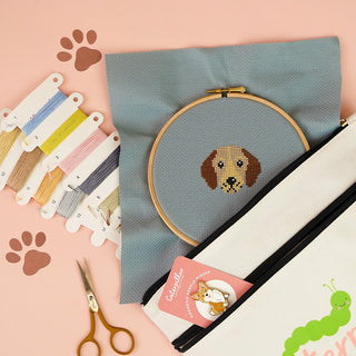 Dog themed cross stitch design with project bag and other accessories/supplies