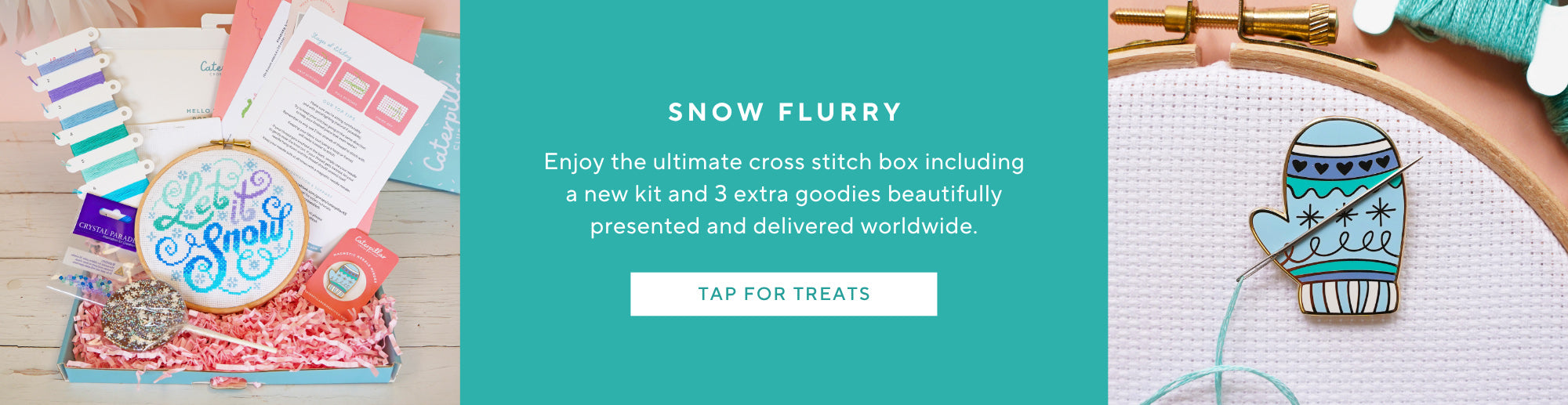Cross stitch kit with materials and a promotional banner for a snow-themed cross stitch box.