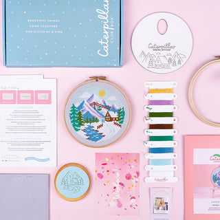 Sub Box 34 Snowy Peaks, Hoop Buddy, Elbesee Hoop and Iced Cookie flatlay