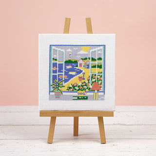 Summer View stitched sample on easel