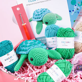 Close up of Tilda the Turtle crochet kit