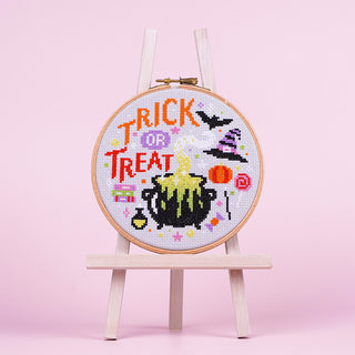 Trick or Treat Cross Stitch Kit - Stitched Sample in Elbesee Hoop