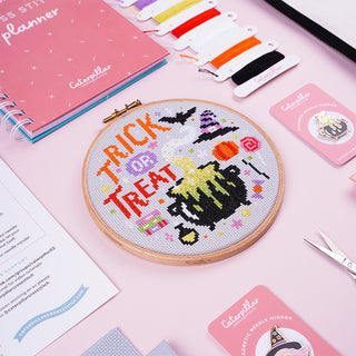 Trick or Treat Cross Stitch Kit angled flatlay