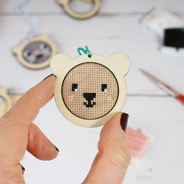Cross Stitch Wooden Cat and Bear Hoops Set