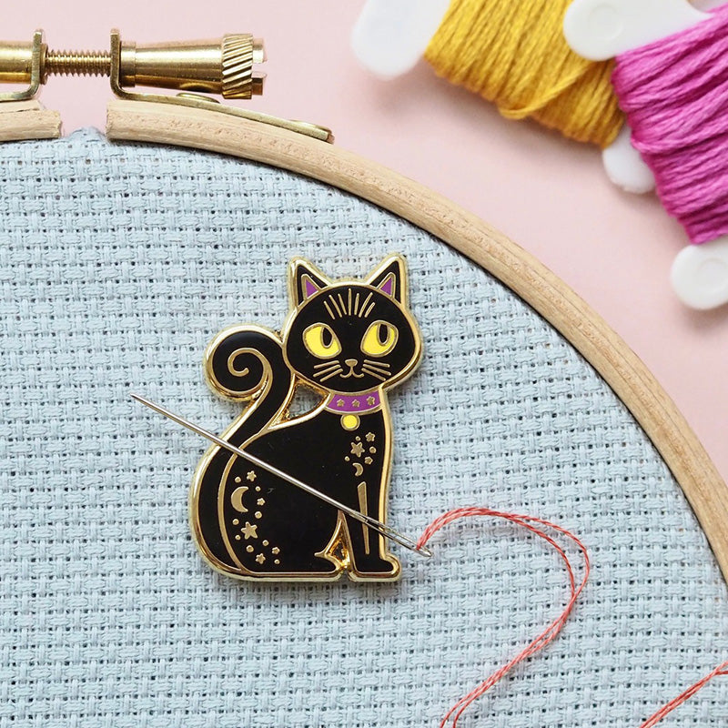 Caterpillar Cross Stitch Needle Minder - Black Cat for Cross Stitch, Sewing, Embroidery and Needlework Accessories, Enamel and Magnetic