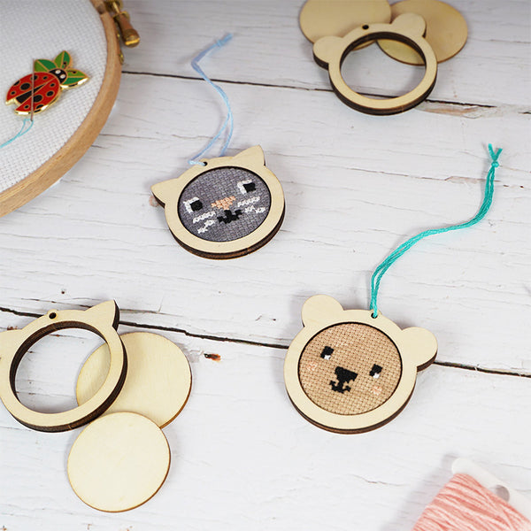 Cross Stitch Wooden Cat and Bear Hoops Set